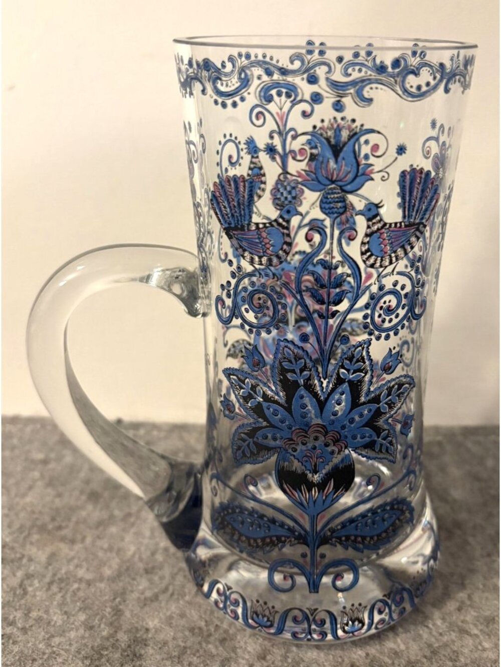 Bohemian Blue Design of Flowers and Birds Tall Beer Glass   6.75"   # 3343